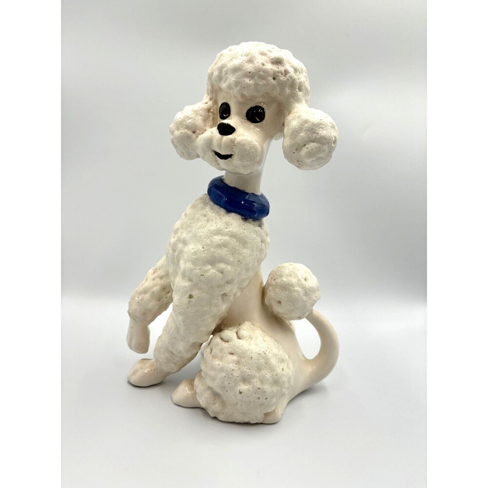 VTG White Ceramic Poodle Figurine Statue Matte fur/gloss body Collar 12" Signed